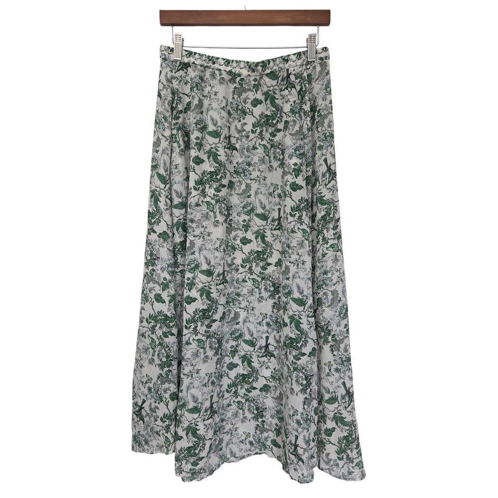 Max Studio Midi Skirt Textured Crepe Elastic Waist Women Large Green Botanical
